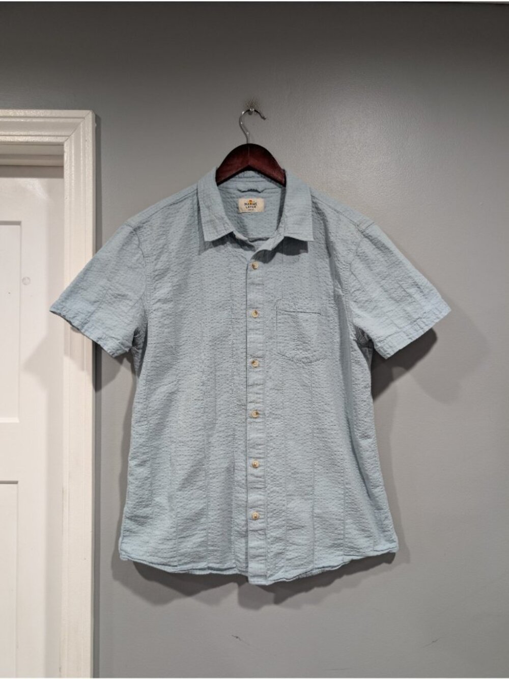 Marine Layer Short Sleeve Shirt Cotton Blend Blue Textured Button-Up Men’s Sz M